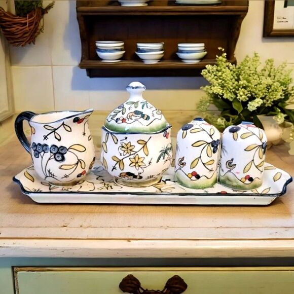 Temptations By Tara Birds Palm Cracker Tray Salt and Pepper Cream & Sugar Set - Picture 1 of 16